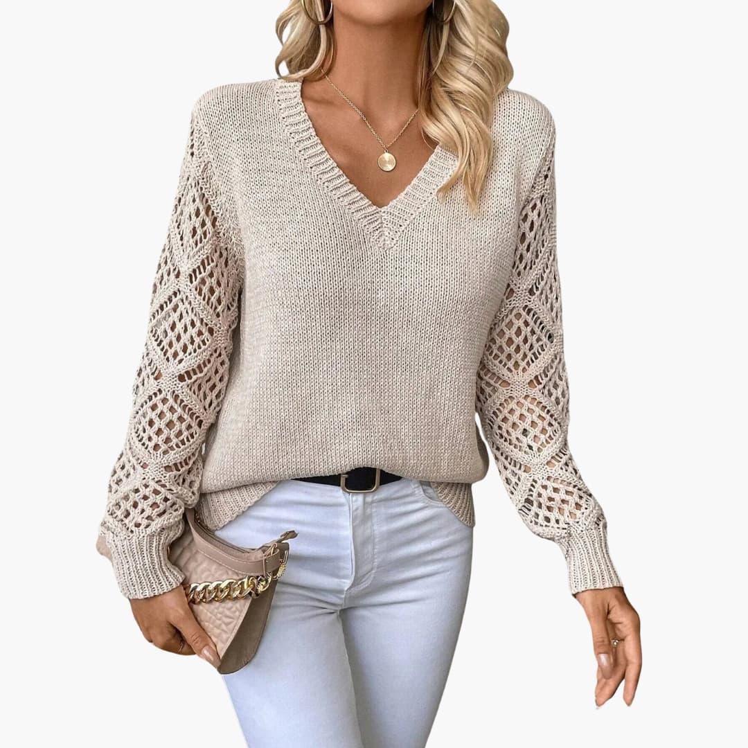 Marlowe | Women's Crochet Sleeve V-Neck Relaxed Knit Sweater