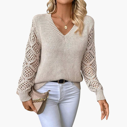 Marlowe | Women's Crochet Sleeve V-Neck Relaxed Knit Sweater