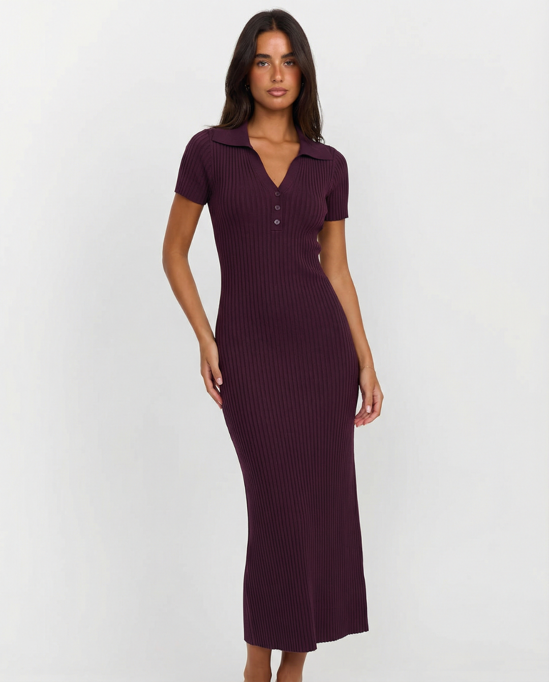 Harper | Ribbed Knit Polo Neck Slim Fit Midi Dress