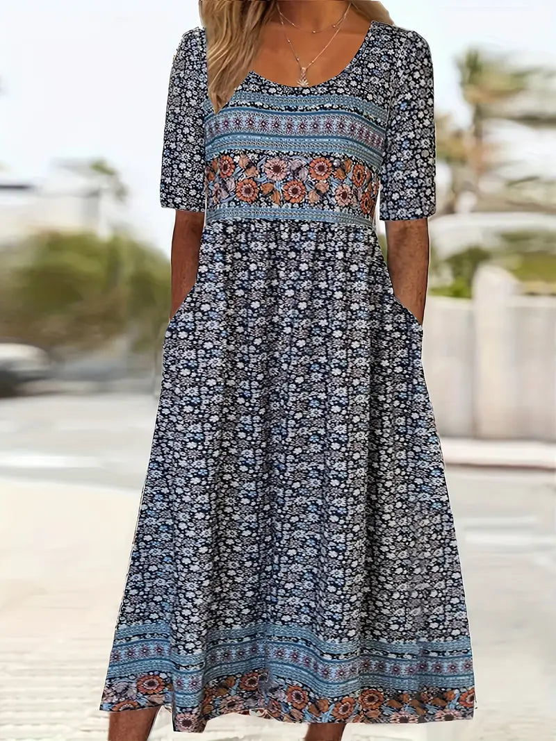 Abigail | Short Sleeve Square Neck Boho Print Relaxed Casual Midi Dress