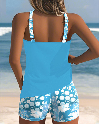 Melanie | Floral Print Racerback Tank Top With Shorts Two Piece Swimsuit