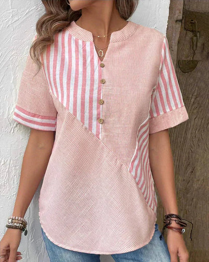 Monroe | Short Sleeve Striped Colorblock Stand Collar Relaxed Top