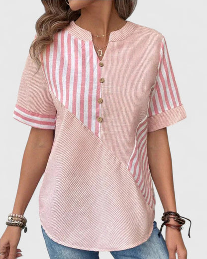 Gigi | Short Sleeve Striped Colorblock Stand Collar Casual Blouse