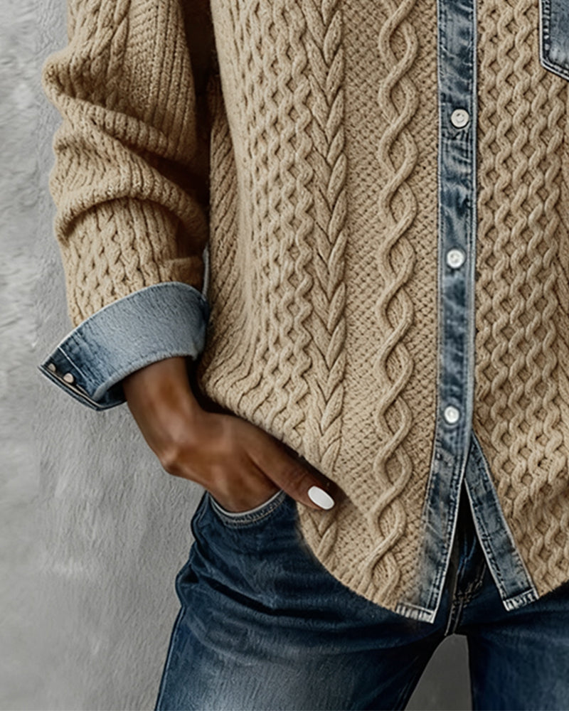 Marlowe | Women's Cable Knit Denim Trim Button Down Shirt