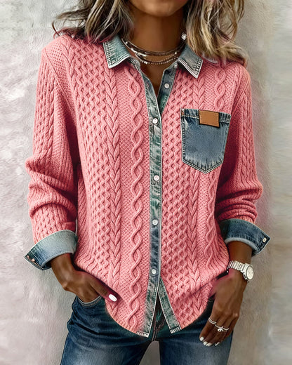 Marlowe | Women's Cable Knit Denim Trim Button Down Shirt