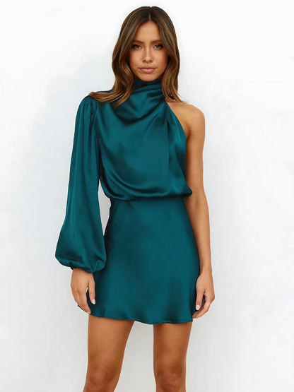 Stella | Satin One Shoulder Long Sleeve Mini Elegant Evening Dress