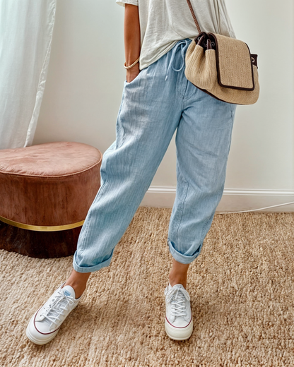 Lina | Elastic Drawstring Waist Relaxed Tapered Linen Blend Casual Pants