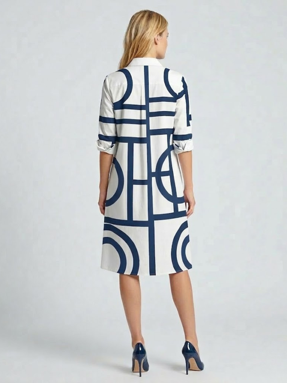 Blair | Geometric Print Button Front Shirt Midi Dress