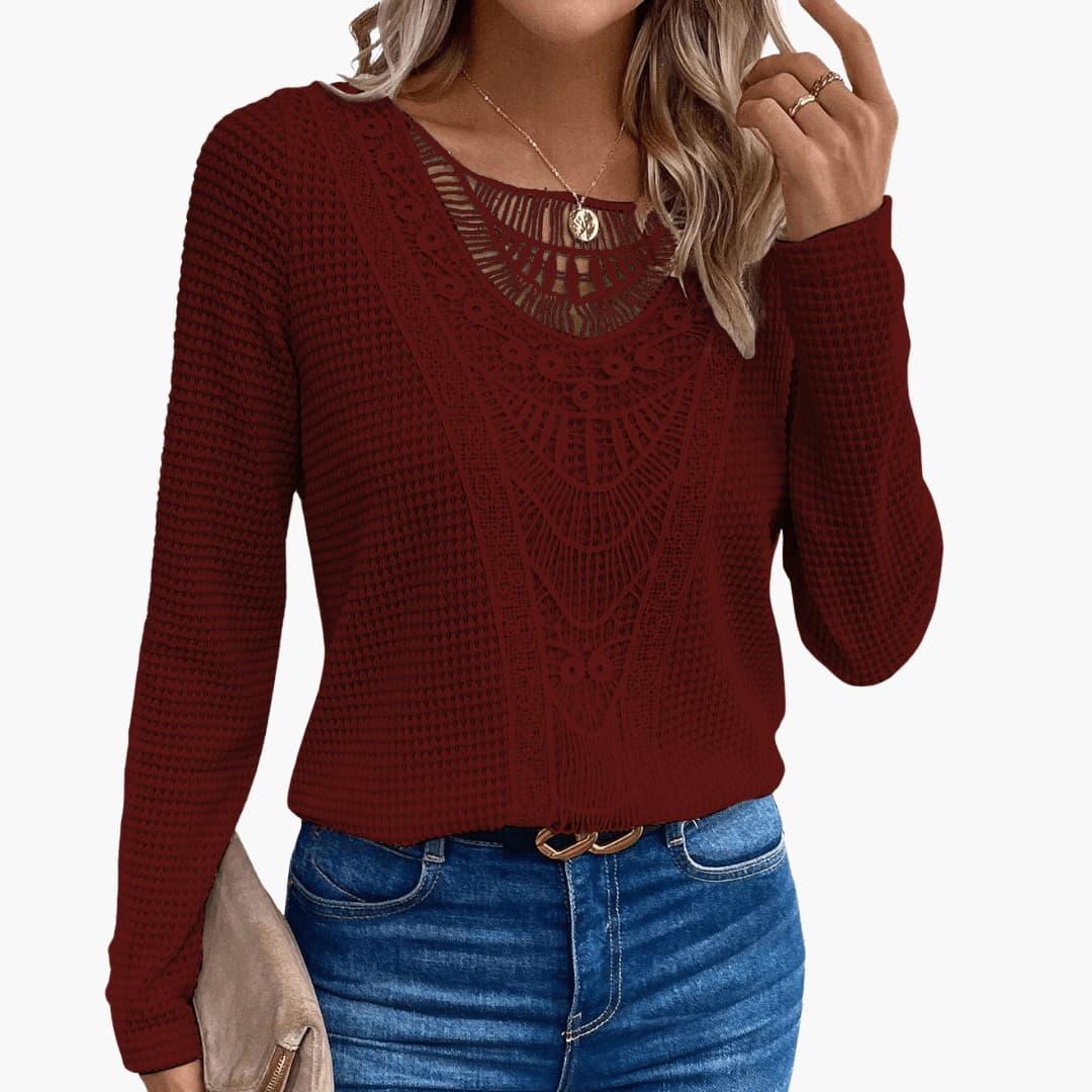 Marlowe | Women's Long Sleeve Crochet Lace Waffle Knit Top
