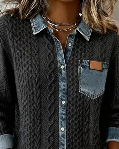 Marlowe | Women's Cable Knit Denim Trim Button Down Shirt