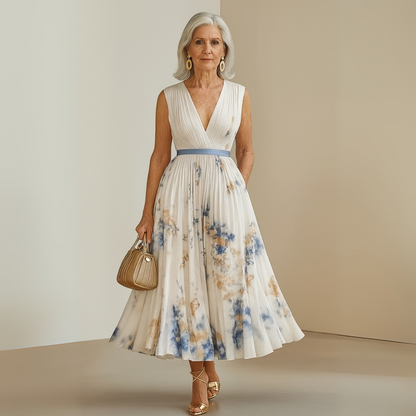 Aurora | Sleeveless Deep V Neck Floral Pleated Maxi Elegant Wedding Guest Dress