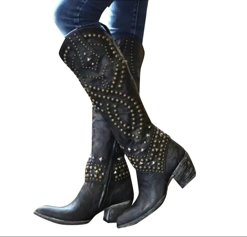 Thorne | Women's Studded Knee High Western Block Heel Boot