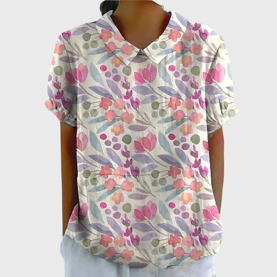 Jenna | Short Sleeve Floral Print Collared Relaxed Linen Blouse