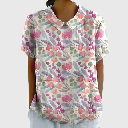 Jenna | Short Sleeve Floral Print Collared Relaxed Linen Blouse