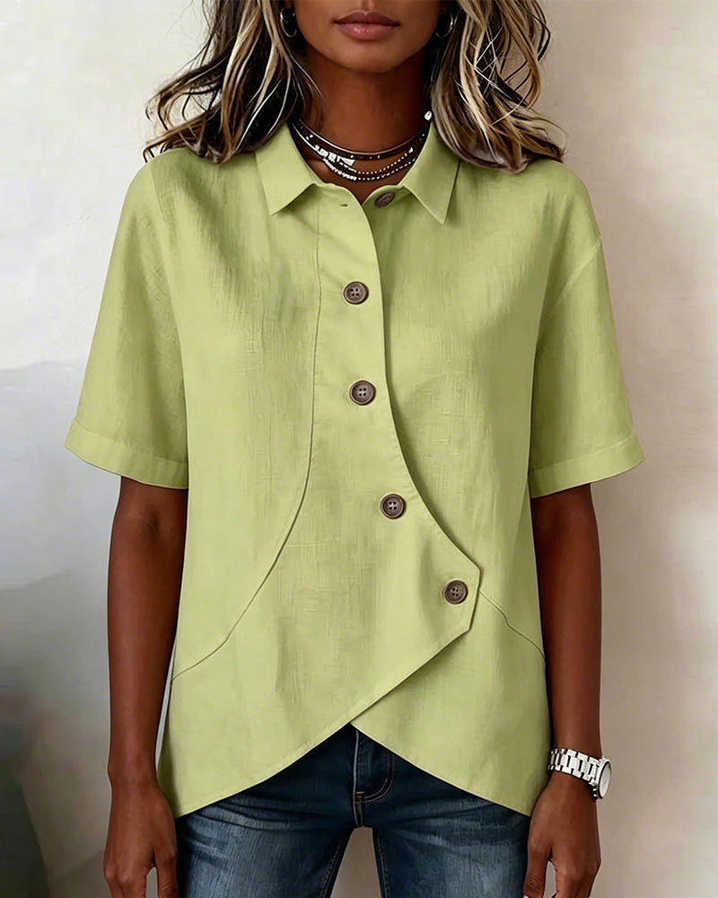 Marlowe | Women's Asymmetrical Placket Button Down Linen Blend Shirt