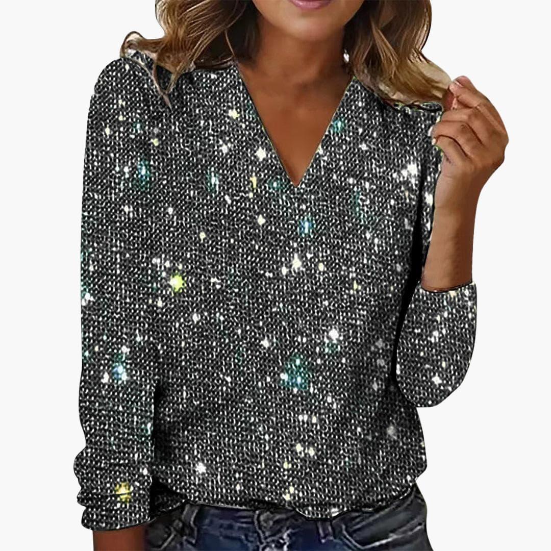 Celeste | Women's Glitter Sparkle V-Neck Long Sleeve Top