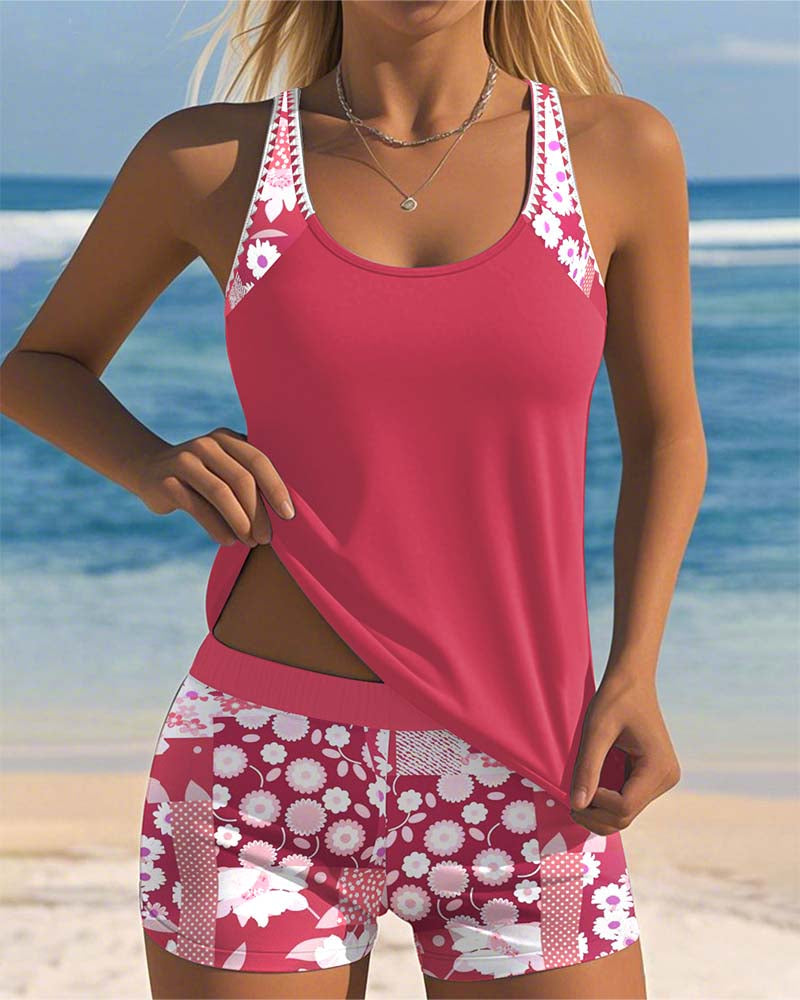 Melanie | Floral Print Racerback Tank Top With Shorts Two Piece Swimsuit