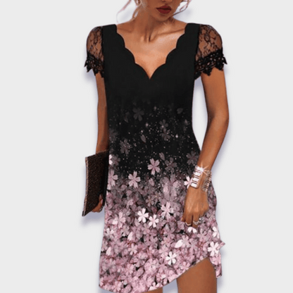 Katherine | Scalloped V Neck Lace Cap Sleeve Elegant Mini Dress