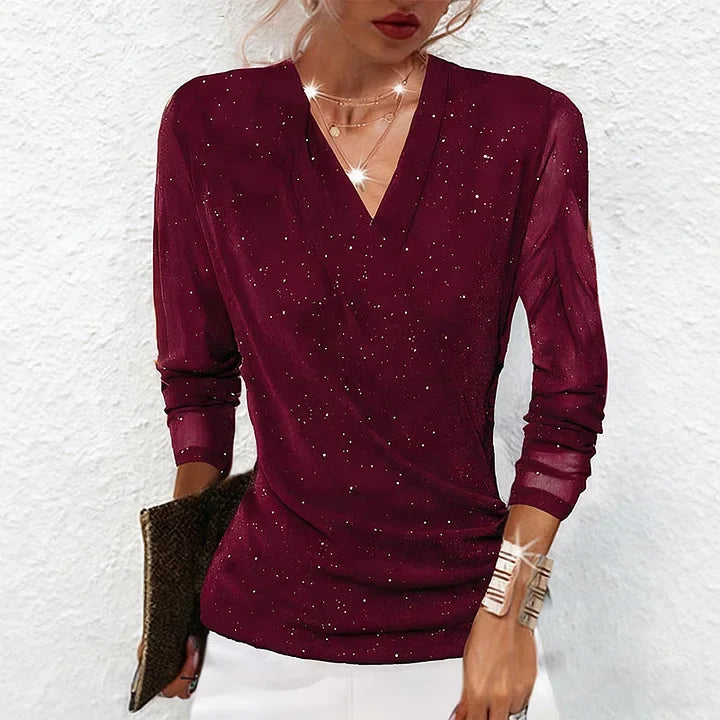 Maribel | Women's Elegant Draped Sparkle V Neck Blouse