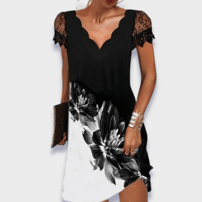 Katherine | Scalloped V Neck Lace Cap Sleeve Elegant Mini Dress