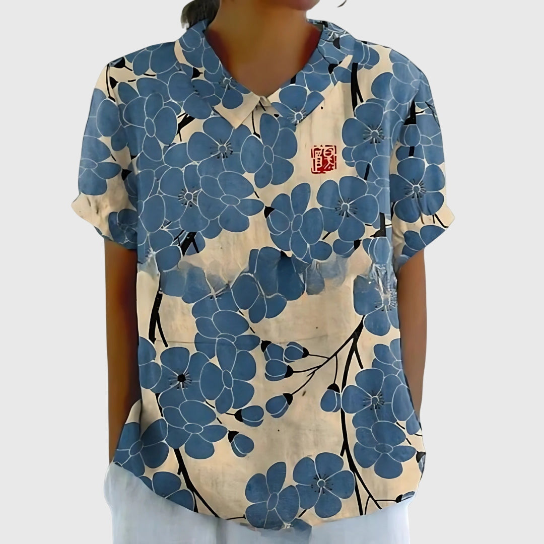 Jenna | Short Sleeve Floral Print Collared Relaxed Linen Blouse