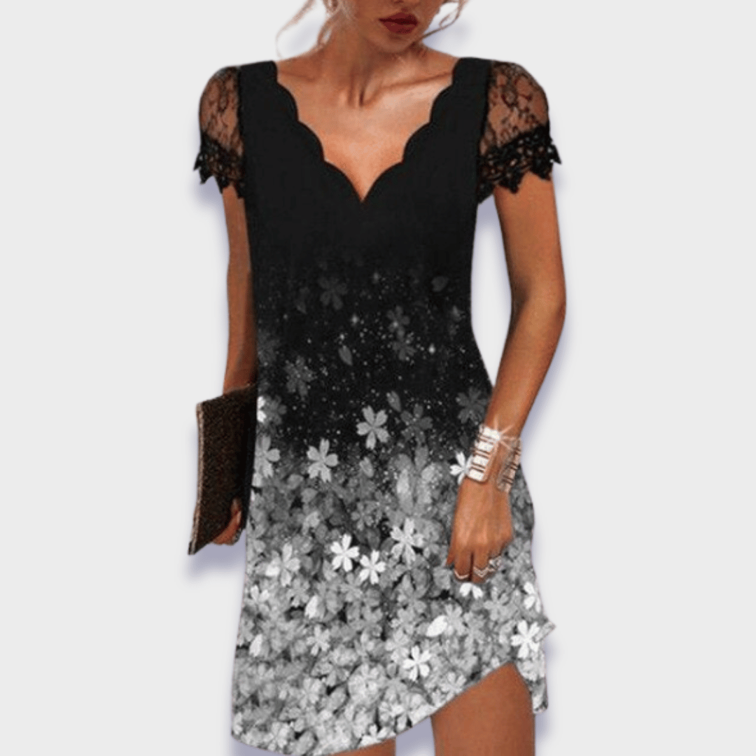 Katherine | Scalloped V Neck Lace Cap Sleeve Elegant Mini Dress