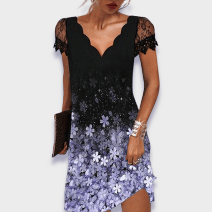 Katherine | Scalloped V Neck Lace Cap Sleeve Elegant Mini Dress