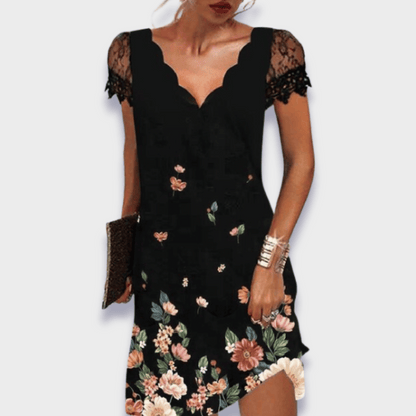 Katherine | Scalloped V Neck Lace Cap Sleeve Elegant Mini Dress