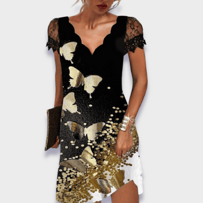 Katherine | Scalloped V Neck Lace Cap Sleeve Elegant Mini Dress