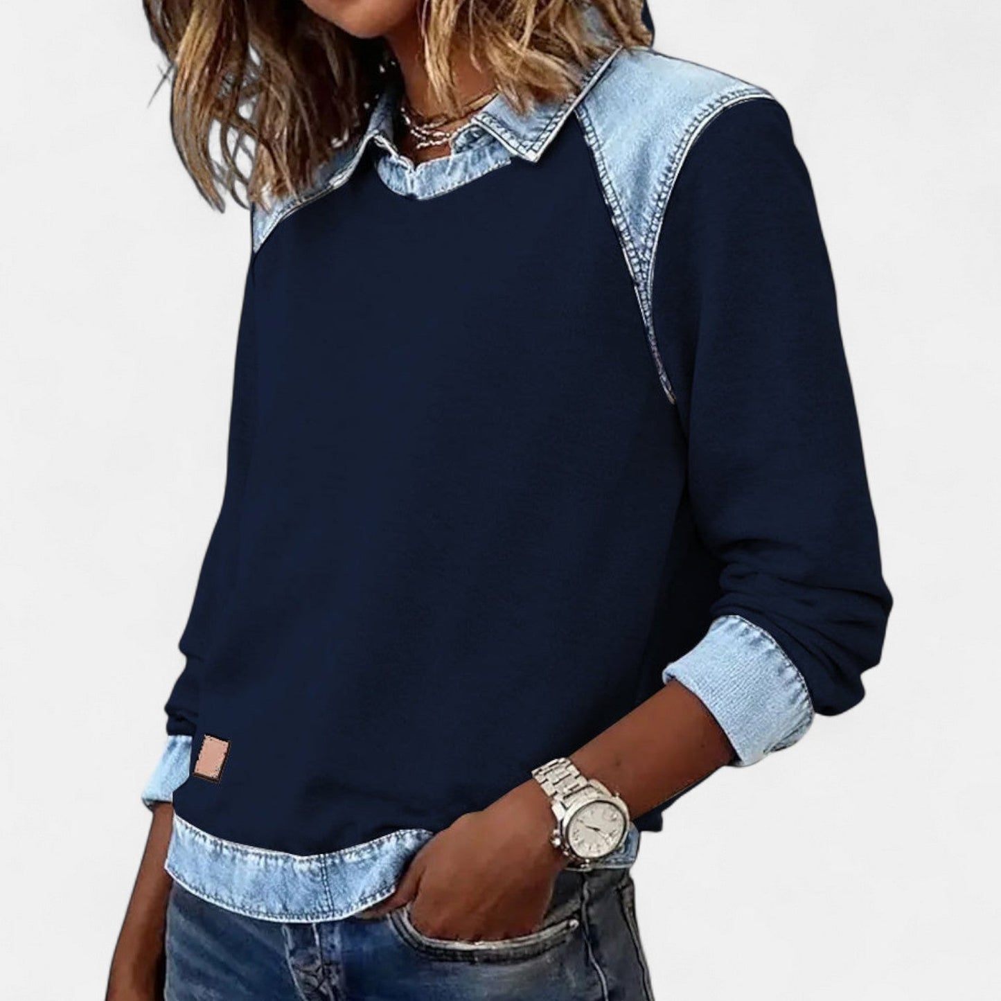 Marlowe | Women's Denim Contrast Colour Block Long Sleeve Sweatshirt