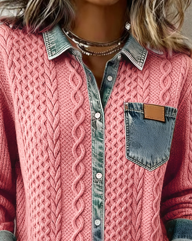 Marlowe | Women's Cable Knit Denim Trim Button Down Shirt