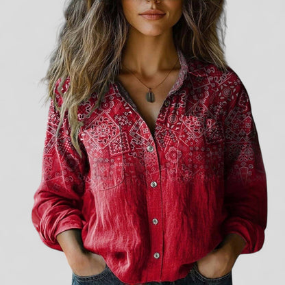Lorenhilde | Floral Colorblock Long Sleeve Button Down Relaxed Boho Blouse