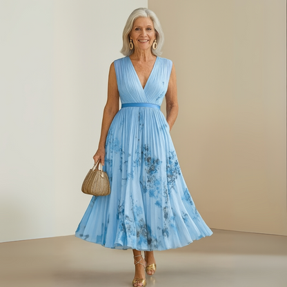 Aurora | Sleeveless Deep V Neck Floral Pleated Maxi Elegant Wedding Guest Dress