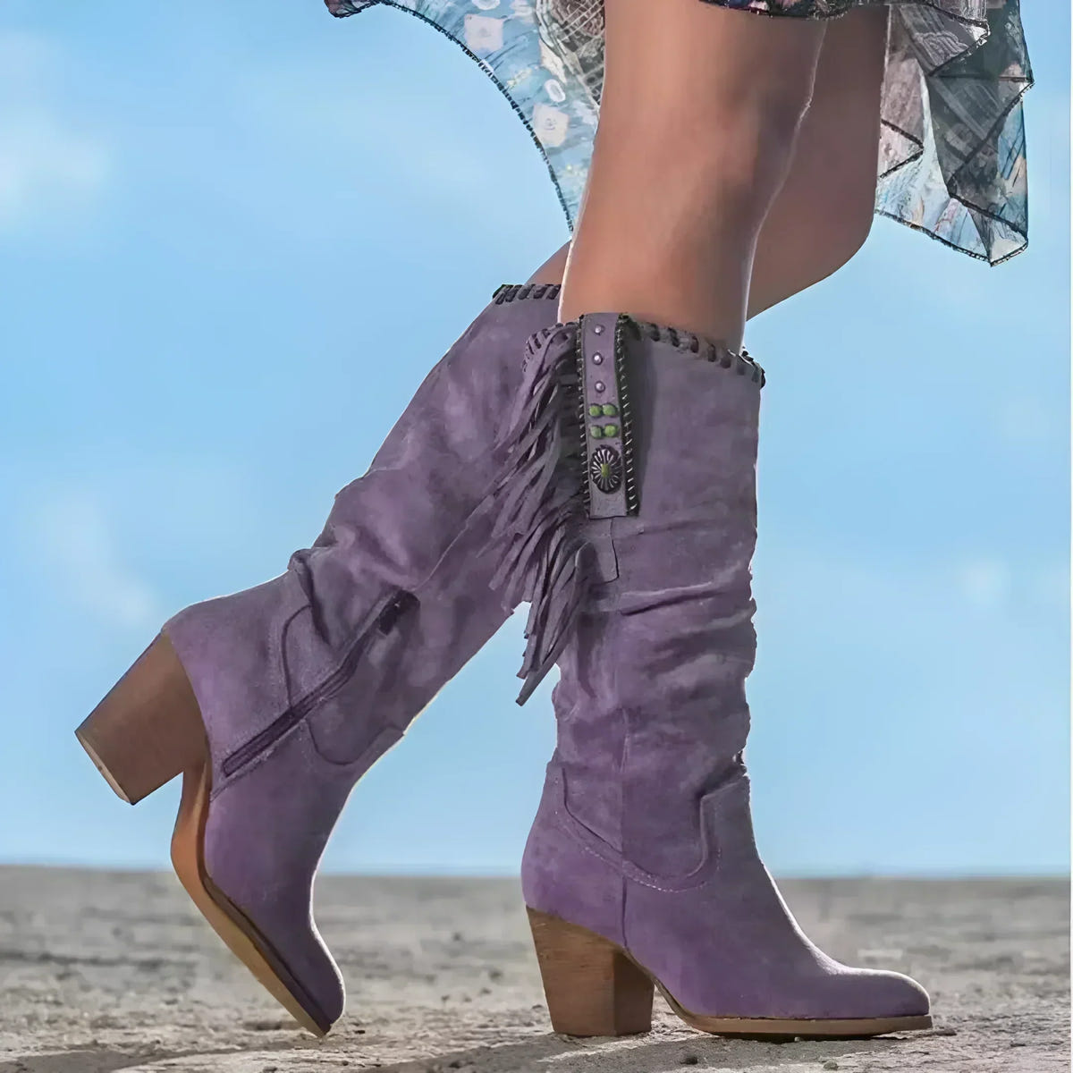 Saffira | Women's Western Fringe Suede Heeled Knee High Boot