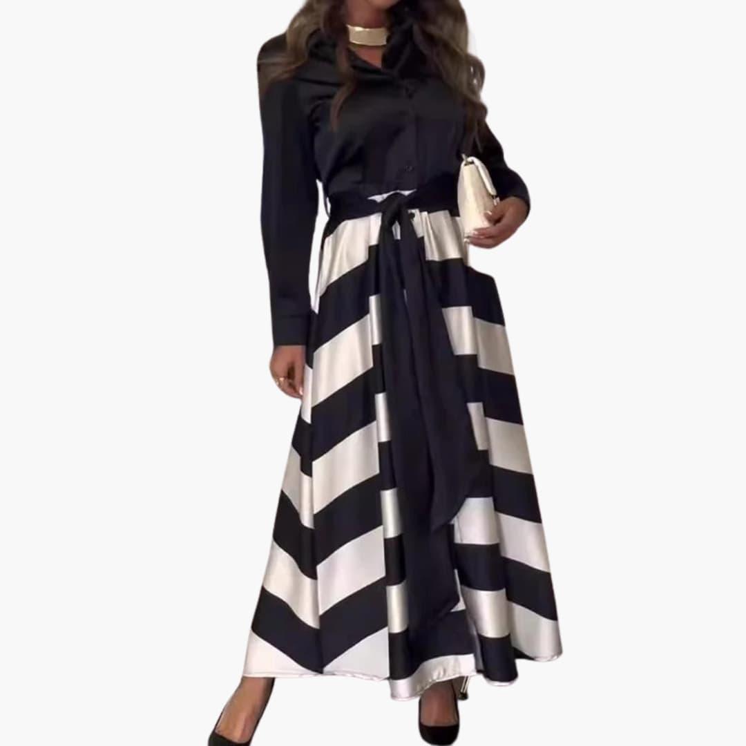 Seraphine | Women's Satin Collared Long Sleeve Striped Maxi Dress