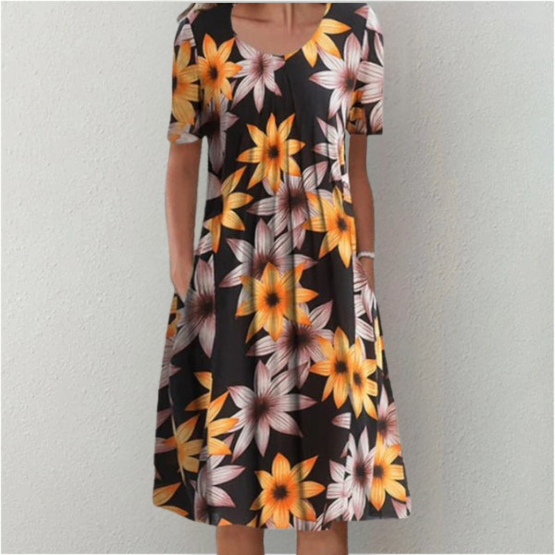 Poppy | Short Sleeve Floral Print Relaxed Casual Midi Dress