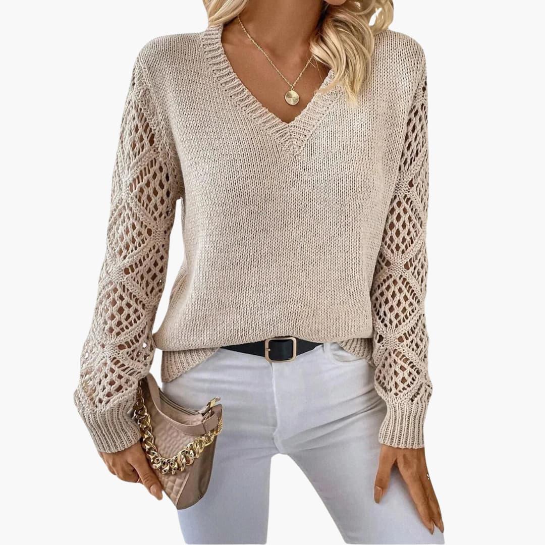 Marlowe | Women's Crochet Sleeve V-Neck Relaxed Knit Sweater