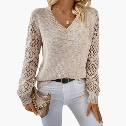 Marlowe | Women's Crochet Sleeve V-Neck Relaxed Knit Sweater
