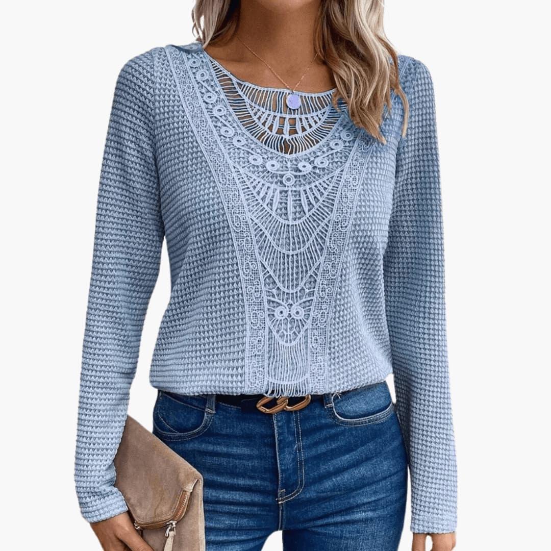 Elara | Women's Waffle Knit Lace Crochet Long Sleeve Top