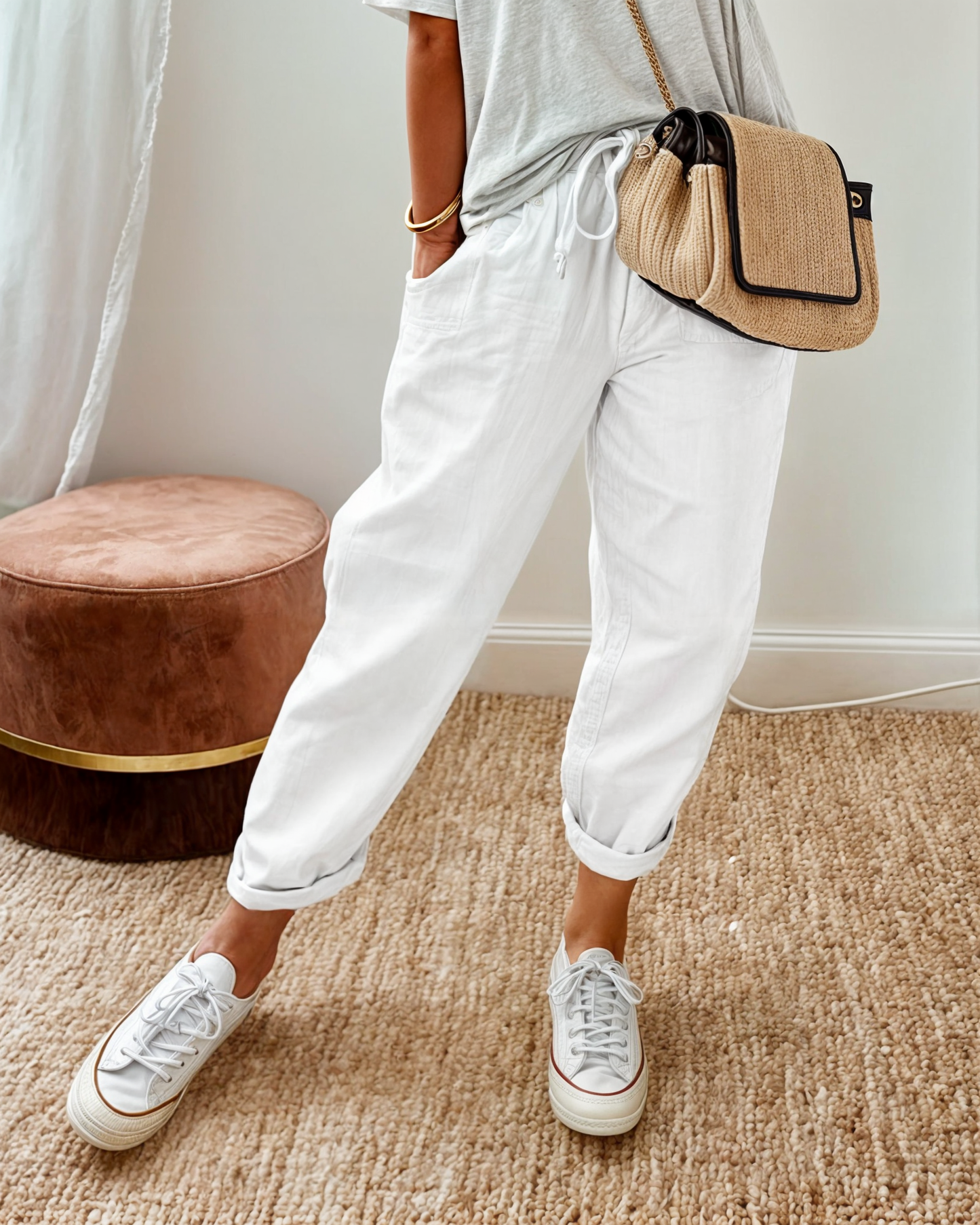 Lina | Elastic Drawstring Waist Relaxed Tapered Linen Blend Casual Pants