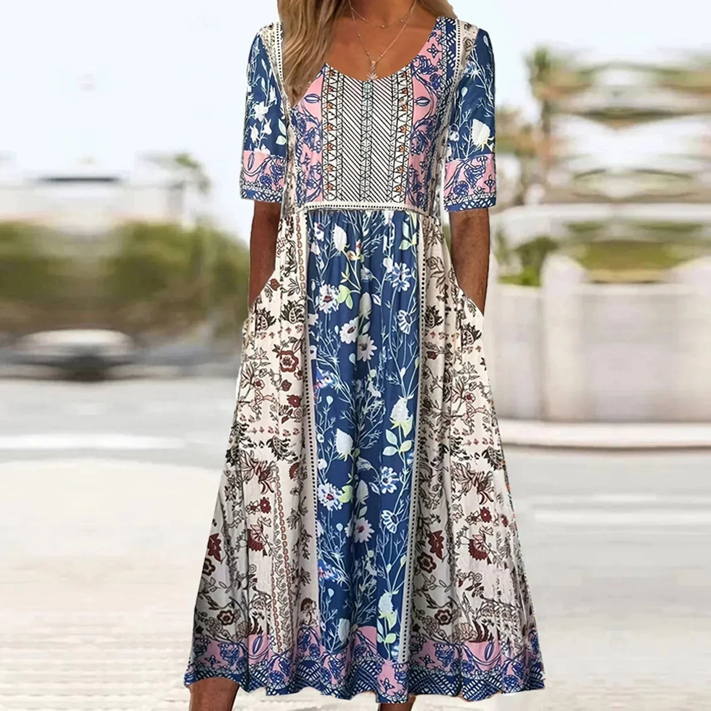 Abigail | Short Sleeve Square Neck Boho Print Relaxed Casual Midi Dress