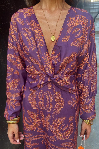 Faye | Printed Twist Front Deep V Neck Midi Dress