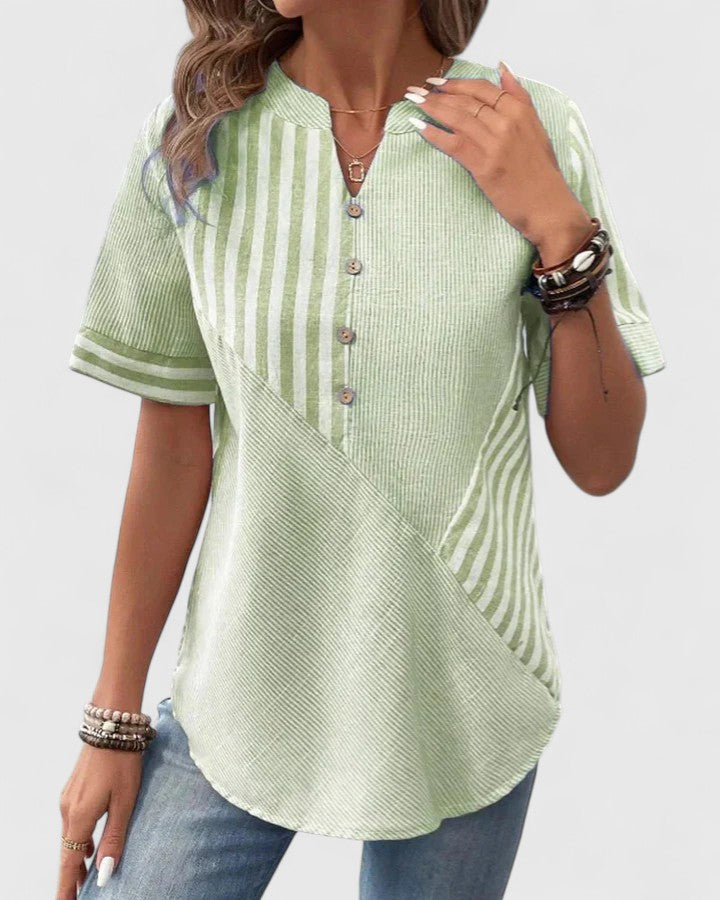 Gigi | Short Sleeve Striped Colorblock Stand Collar Casual Blouse