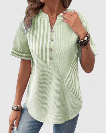Gigi | Short Sleeve Striped Colorblock Stand Collar Casual Blouse