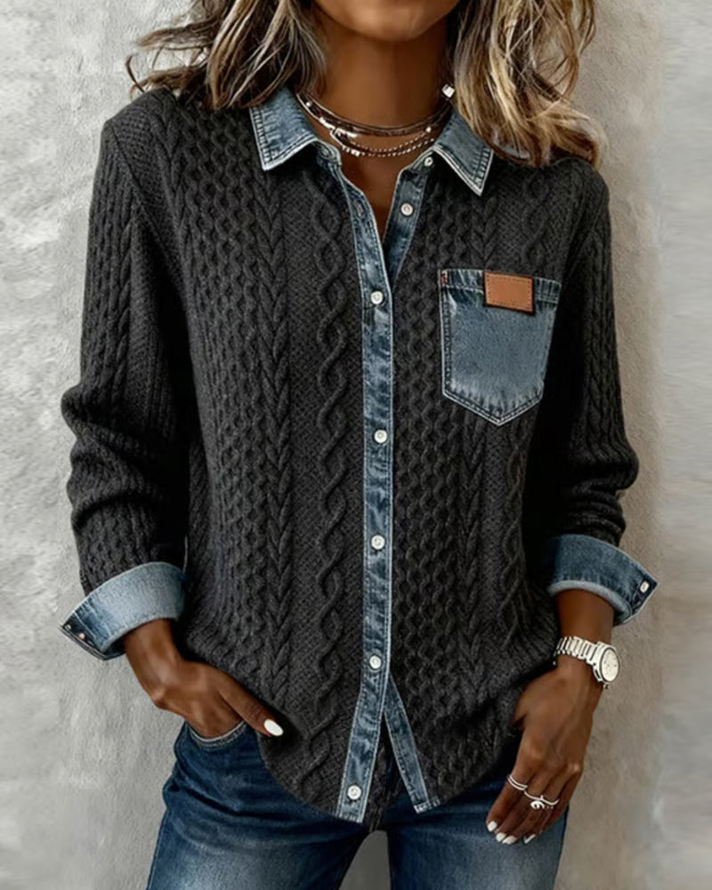 Marlowe | Women's Cable Knit Denim Trim Button Down Shirt