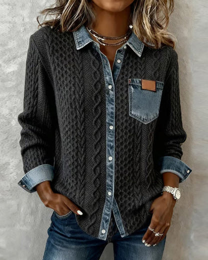 Marlowe | Women's Cable Knit Denim Trim Button Down Shirt