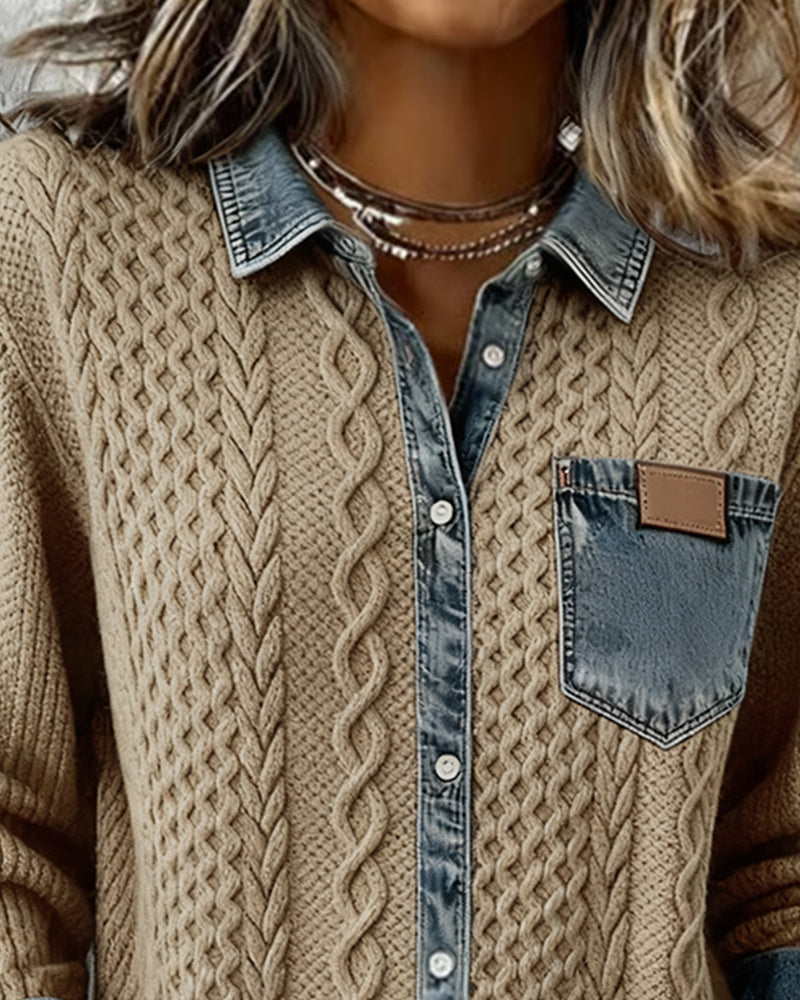 Marlowe | Women's Cable Knit Denim Trim Button Down Shirt