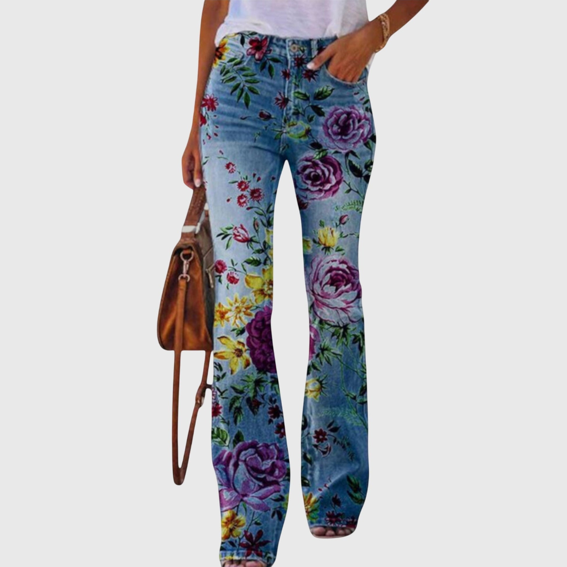 Fleur | Women's Floral Print High-Waisted Flared Jeans