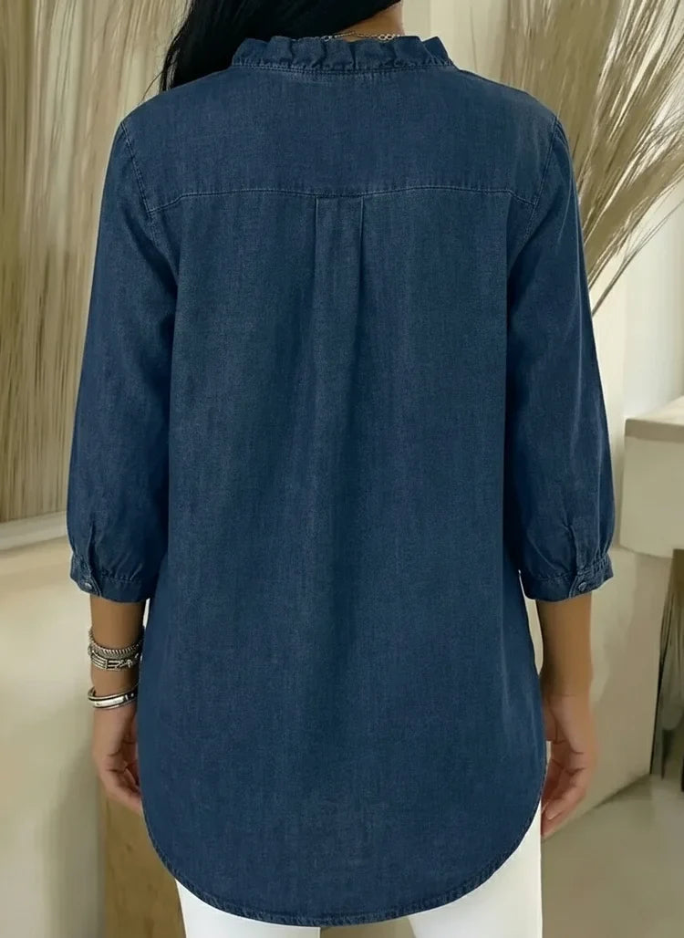 Delphine | Women's Denim V-Neck Ruffle Front Relaxed Shirt