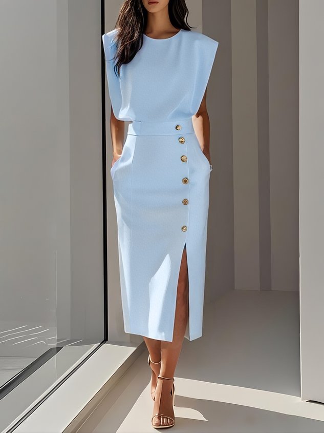 Quinn | Structured Shoulder Sleeveless Button Detail Midi Elegant Dress